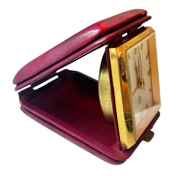 Rosemont Travel Alarm Clock W/  Burgundy Leather Case 15 Rubis Swiss Made Geneva - Picture 5 of 16
